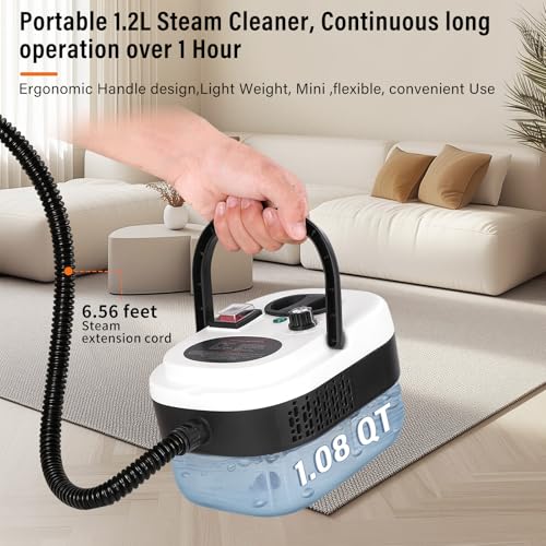 Mixoo Steam Cleaner, 6-Level Adjustable Handle, 15s Heat-Up, 1.08 Quarts Tank, Portable Steamer for Cleaning with 8 pcs Accessories for Home Dirt, Grease, Grout, Tile,Floor, Car (White Black, 1200ML)