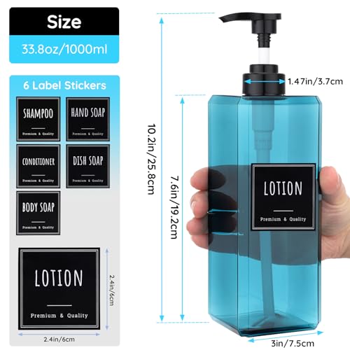 Segbeauty 33.8oz Blue Large Soap Dispenser Bathroom Kitchen, 2pcs Refillable Plastic Pump Bottle for Shampoo and Conditioner, 1000ml Empty Lotion Soap Dispenser with Pump, Large Liquid Container Set - color: Blue, style: 2pcs
