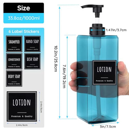 Segbeauty 33.8oz Blue Large Soap Dispenser Bathroom Kitchen, 2pcs Refillable Plastic Pump Bottle for Shampoo and Conditioner, 1000ml Empty Lotion Soap Dispenser with Pump, Large Liquid Container Set - color: Blue, style: 2pcs