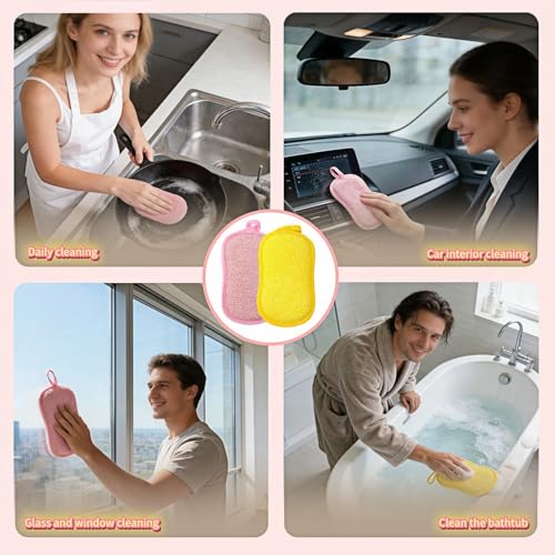 Dual-Sided Kitchen Scrubbing Sponges, Heavy Duty Non-Scratch Cleaning Sponges, Extra Thick Dual-Sided Sponge with Hooks – Lint-Free & Durable for Pots, Pans, Glass, Stainless Steel & Grills