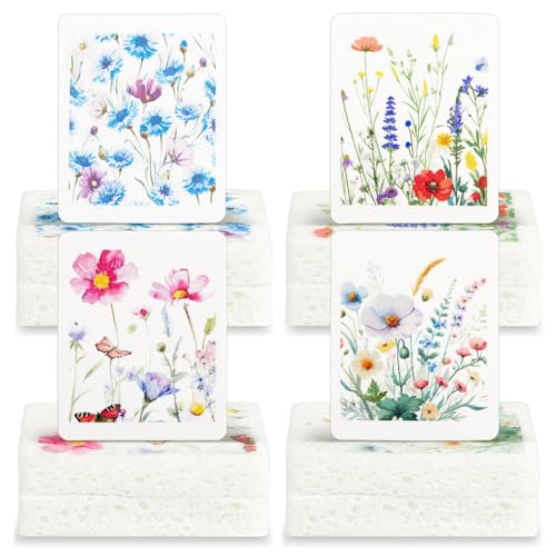 Chengu 12 Pcs Kitchen Dish Sponges - Wildflowers Printed Compressed Cellulose Sponges - Non-Scratch Reusable Household Cleaning Sink Sponge for Kitchen Dishes Bathroom Cars - style: Wildflower