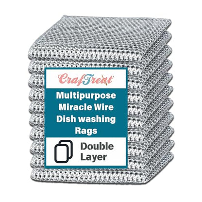 CrafTreat Non Scratch Wire Dishwashing Rag, 10 Pack Double Layer Reusable Wire Dishcloth, Silver Mesh Metal Cleaning Cloth for Pots, Pans, Sink, Steel Cookware, Wet & Dry Cleaning