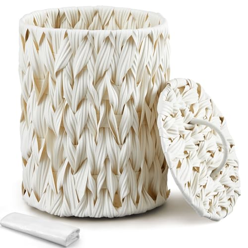 Ctosree 1.3 Gallons Small Trash Can with Lid Handle Boho Woven Braided Bathroom Waste Basket Trash Can with 100 Garbage Bags for Bedroom Office Laundry(Braided Polypropylene, Cream White) - color: Cream White, style: Round