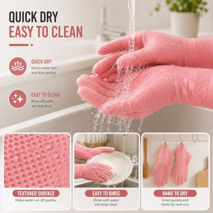1 Pair Silicone Dishwashing Gloves - Waterproof, Non-Slip Grip - Reusable Cleaning Gloves for Kitchen, Bathroom,Home - size: Large