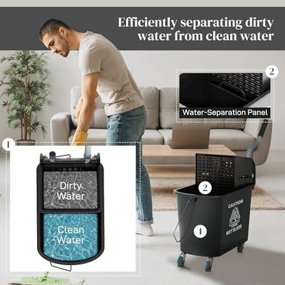 21 Quart Mop Bucket with Wringer on Wheels, Dual Water Cleaning Bucket with Separate Dirty and Clean Water, Rolling Commercial Floor Cleaning System (Black) - color: Black