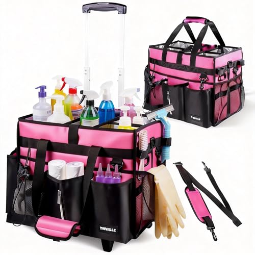 Cleaning Caddy with Wheels, Rolling Cleaning Supplies Organizer with Bottom Board, Dividers & Shoulder Strap, Portable Utility Tote with Small Trolley, Rose Pink - color: Pink Rolling, size: Large