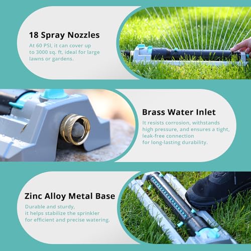 QUOBAS Heavy Duty Oscillating Sprinkler, 18-Hole Nozzle with Zinc Alloy Metal Base, Adjustable Flow Control & Spray Width, with Cleaning Pin, Garden, Yard - color: Black