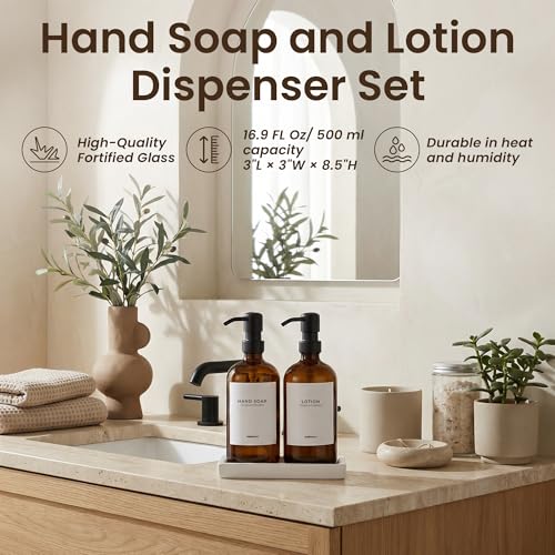 MaisoNovo Soap and Lotion Dispenser Set - Bathroom Soap Dispenser Set with Amber Glass Soap Dispenser, Black Pumps & Ceramic Tray - color: Amber Bottles/ Black Pumps/ White Ceramic Tray