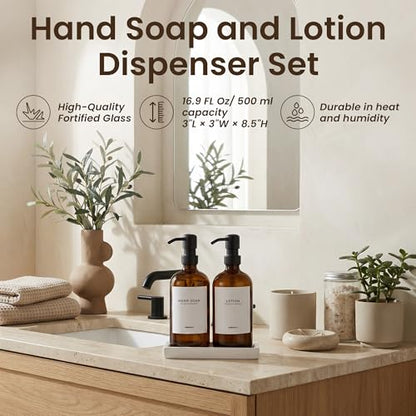 MaisoNovo Soap and Lotion Dispenser Set - Bathroom Soap Dispenser Set with Amber Glass Soap Dispenser, Black Pumps & Ceramic Tray - color: Amber Bottles/ Black Pumps/ White Ceramic Tray