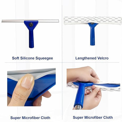 59" Long Reach Window Squeegee with 14" Double-Layer Rubber Blade & 2 Replacement Cloths - Stainless Steel Handle for High Windows, Car Glass & Mirrors