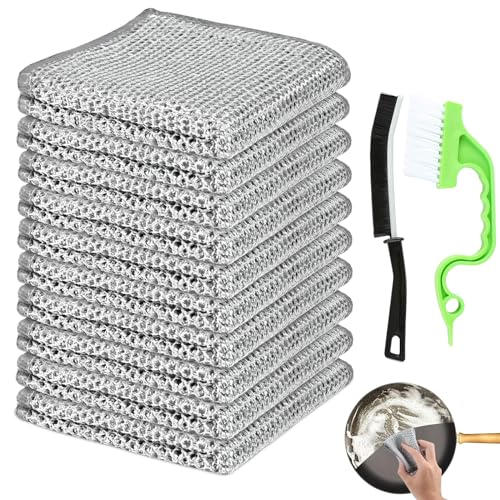 12Pcs Cleaning Kit: 10 Double-Layer Steel Wire Scrub Clothes + 1 Scrub Brush + 1 Crevice Brush for Kitchen, Vegetables, Home - color: 10 Pairs of Double-layer Cloths + 1 Thick Brush + 1 Gap Brush Green