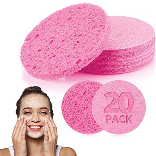 Natural Facial Cleansing Sponges- 20 Count Compressed Facial Sponges Cellulose Reusable Soft Cosmetic Esponjas para Faciales for Professional Makeup Removal, Facials Spa, Exfoliator, Skin Massage - color: Pink