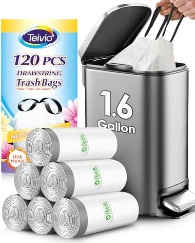 Teivio 1.6 Gallon 120 Counts Strong Drawstring Trash Bags Garbage Bags, Small Bathroom Trash Can Liners, Plastic Waste Basket Liners for Home Office Kitche, White - style: 1.6Gal-White-120pcs-Drawstring