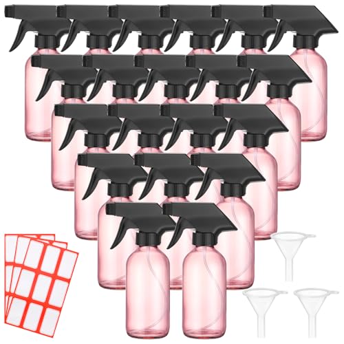 Norme 24 Pcs Glass Spray Bottles with Funnels and Labels 8 oz Refillable Cosmetic Empty Spray Containers with Trigger Squirt Containers for Essential Oil Cleaning Solutions (Pink) - color: Pink