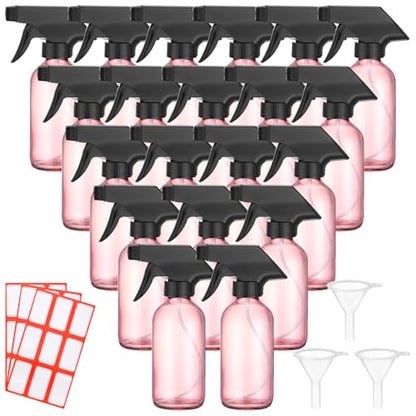 Norme 24 Pcs Glass Spray Bottles with Funnels and Labels 8 oz Refillable Cosmetic Empty Spray Containers with Trigger Squirt Containers for Essential Oil Cleaning Solutions (Pink) - color: Pink