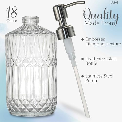 JASAI 18 Oz Embossed Clear Glass Soap Dispenser with Rust Proof Pump, Refillable Dish soap Dispenser for Kitchen, Premium Bathroom Soap Dispenser for Hand soap, Lotion (Clear). - color: Clear-silver Pump, style: Dazzle