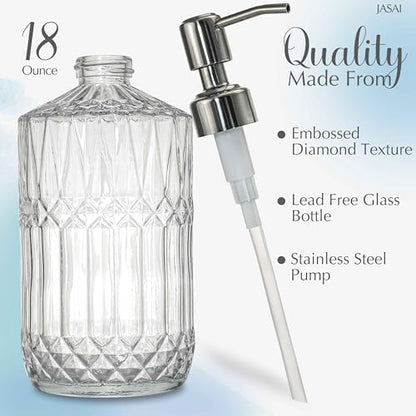 JASAI 18 Oz Embossed Clear Glass Soap Dispenser with Rust Proof Pump, Refillable Dish soap Dispenser for Kitchen, Premium Bathroom Soap Dispenser for Hand soap, Lotion (Clear). - color: Clear-silver Pump, style: Dazzle