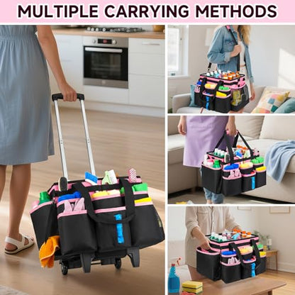 Large Rolling Cleaning Caddy Bag with Detachable Trolley,Cleaning Cart on Wheels with Shoulder Strap,Cleaning Supplies Organizer for Housekeepers,PInk - color: Pink