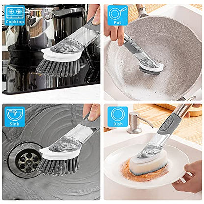 4-in-1 Dish Cleaning Brush Soap Dispensing Dish Brush Set with 4 Replacement Heads and Storage Holder, Kitchen Scrub Brush for Dish Pot Pan Sink Cleaning (Grey) - color: Gray