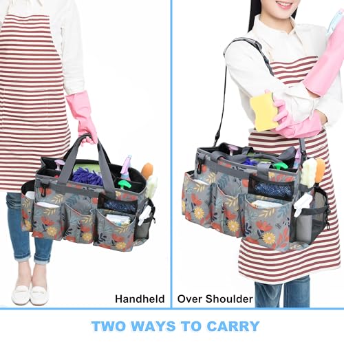 Wearable Cleaning Caddy Bag, Kitchen Supplies Organizer with Handle&Shoulder Strap, Under Sink&Car Cleaning Tool Tote with 4 Foldable Dividers for Housekeepers Cleaners (Grey Floral)