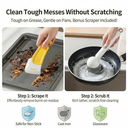 Soap Dispensing Dish Brush Set with 6 Adjustable Angles, No-Leak Kitchen Scrub Brush with Holder & Silicone Scraper, Heavy Duty Dish Wand for Pots, Pans, Sink & Countertop