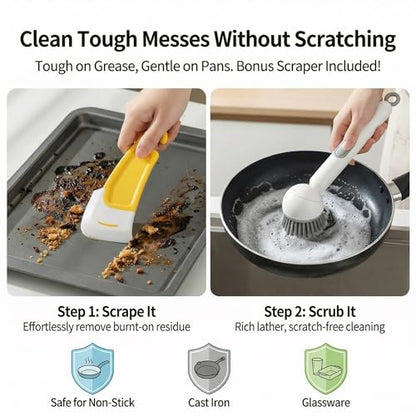 Soap Dispensing Dish Brush Set with 6 Adjustable Angles, No-Leak Kitchen Scrub Brush with Holder & Silicone Scraper, Heavy Duty Dish Wand for Pots, Pans, Sink & Countertop