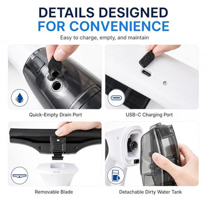 Cordless Window Vacuum Squeegee, Electric Glass Cleaner with Spray Bottle & Microfiber Pad, 2200Pa Suction, 11” Wide Blade for Streak-Free Shower Doors, Mirror, Tile, Car Windows (No Telescopic Rod)