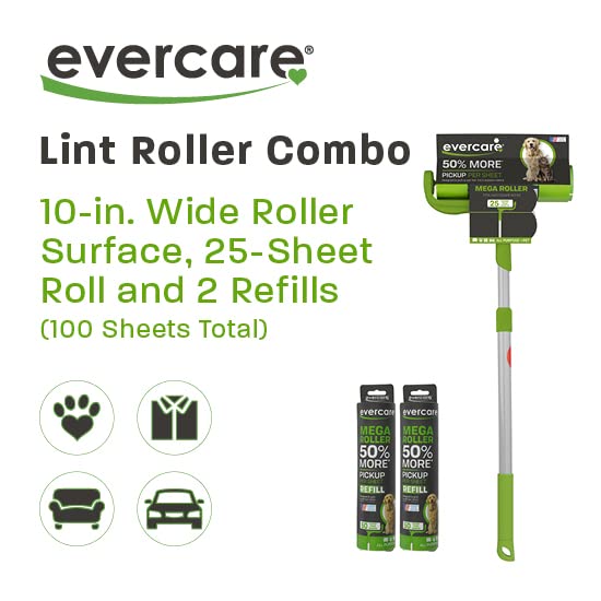 Evercare Pet Mega Lint Roller Value Pack with Two 50-Sheet Refills - Includes Refillable Lint Roller, Adhesive Sheets, Versatile Cleaning Uses, Home and On-The-Go Use, Extendable Handle - size: 3-Pack (125 Sheets), style: Pet Mega Lint Roller + 2 Refills