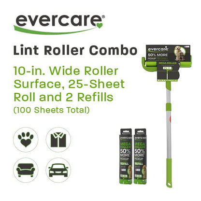 Evercare Pet Mega Lint Roller Value Pack with Two 50-Sheet Refills - Includes Refillable Lint Roller, Adhesive Sheets, Versatile Cleaning Uses, Home and On-The-Go Use, Extendable Handle - size: 3-Pack (125 Sheets), style: Pet Mega Lint Roller + 2 Refills