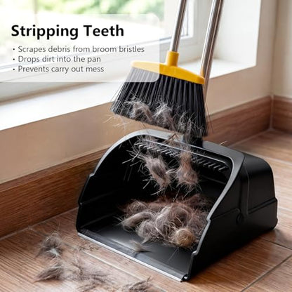 Jumbo Commercial Dustpan with Wheels & Comb Teeth - Heavy Duty 14.2" Rolling Debris Pan - Long Handle Extra Large Upright Dust Pan for Industrial Warehouse Garage Restaurant Sidewalk Outdoor - Black - color: Black