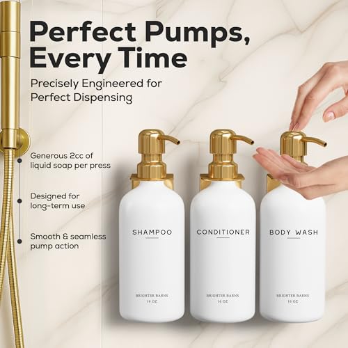 Luxury Shampoo and Conditioner Dispenser Set Wall Mounted by Brighter Barns - Refillable Shampoo and Conditioner Bottles - Shower Dispenser 3 Chamber No Drill - White and Gold Bathroom Decor (Gold) - color: Modern (Gold)