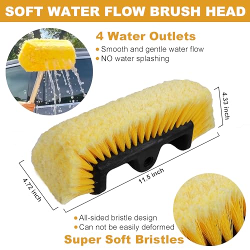 70" RV Wash Brush with Long Handle and 12" Soft Bristle Brush Head, Water Flow-Thru Truck Washing Brush with Hose Attachment for Cleaning Car, SUV, Boat, Camper, House Siding and Solar Panels - color: Yellow, size: 70"