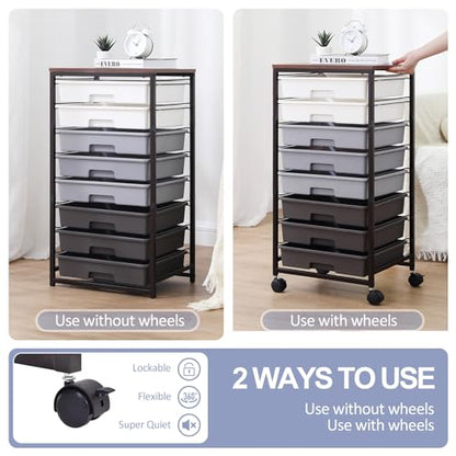 SYKIARIOL Rolling Cart with Drawers,Utility Cart With 8 Drawers and Wooden Tabletop for Living Room,Classroom,Bedroom,Bathroom,Dorm,Office,Dark Grey - color: Grey