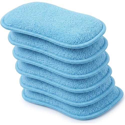 Premium Microfiber Kitchen Sponges 6 Pack – Non-Scratch Dual-Sided Cleaning Sponge, Heavy Duty Scrub + Soft Microfiber, Reusable & Machine Washable, All-Purpose for Dishes, Pots & Pans (Blue)