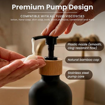 MaisoNovo Glass Hand Soap Dispenser | Dish Soap Dispenser for Kitchen | 16.9oz Black Bottles with Black Bamboo Pump | Bathroom Lotion Dispenser - color: Single Black Bottle/Black Bamboo Pump