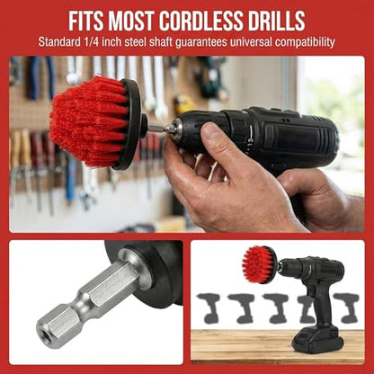 Drill Brush Attachment Set, 5 Pack Power Scrubber Cleaning Brush Kit with Extension Rod for Bathroom, Tub, Tile, Grout, Kitchen, Floor and Wheel Rims (Red) - color: Red
