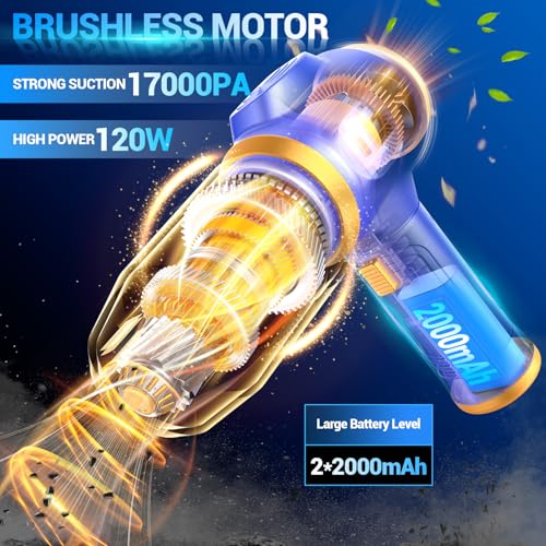 Car Vacuum Portable Cordless 17000Pa Cordless Mini Handheld Vacuums with LCD Display and Multi-Nozzles, High Power Wet and Dry for Car, Home, Office, Pet, Compact and Portable Design