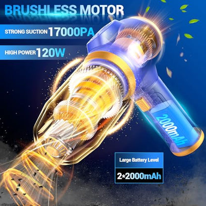 Car Vacuum Portable Cordless 17000Pa Cordless Mini Handheld Vacuums with LCD Display and Multi-Nozzles, High Power Wet and Dry for Car, Home, Office, Pet, Compact and Portable Design