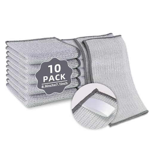 PIPUHA 10 Pack Non-Scratch Stainless Steel Scrubber, Reusable Diamond Weave Scrubber Cloths for Kitchen, Heavy-Duty Metallic Fiber Cleaning Cloth for Cookware, Dishes, Sinks, Easy-Rinse & Quick-Dry