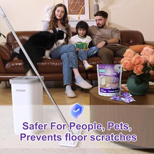 JOYMOOP Flat Mop System, Mop and Bucket Set, White, Commercial & Household Floor Cleaning Mop with Freesia Scent Cleaning Pods, Includes 3 Reusable Microfiber Pads and 15 Detergent Pods - color: White Litep1331