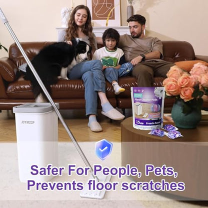 JOYMOOP Flat Mop System, Mop and Bucket Set, White, Commercial & Household Floor Cleaning Mop with Freesia Scent Cleaning Pods, Includes 3 Reusable Microfiber Pads and 15 Detergent Pods - color: White Litep1331
