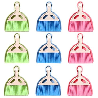 9 Pack Mini Dust Pan and Brush Set, Small Hand Broom and Dustpan Set with Handle - 3 Colors Plastic Cleaning Tools for Desk, Table, Keyboard, Car, Pet Food Crumbs