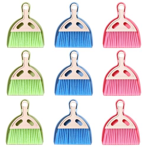 9 Pack Mini Dust Pan and Brush Set, Small Hand Broom and Dustpan Set with Handle - 3 Colors Plastic Cleaning Tools for Desk, Table, Keyboard, Car, Pet Food Crumbs