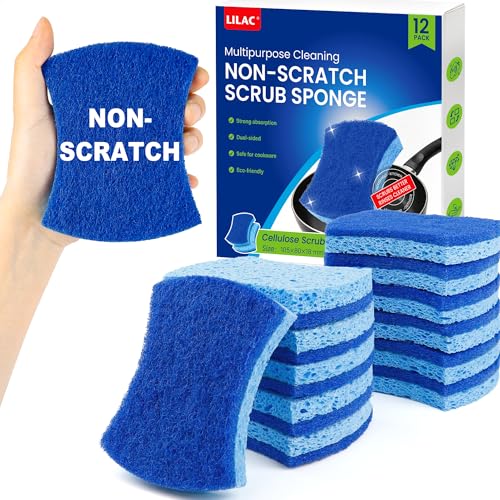 LILAC Non-Scratch Cellulose Scrub Sponges, Ergonomic S-Shape Dual-Sided Dishwashing Sponges for Kitchen, Heavy Duty Cleaning Pads Safe for Non-Stick Cookware & Household, Blue, 12 Pack (12)