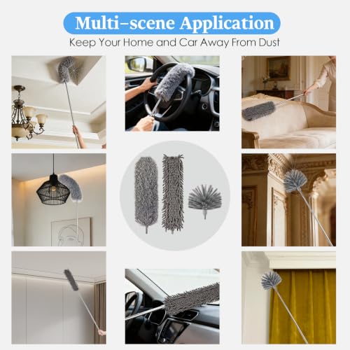 Microfiber Feather Duster 5-in-1 Kit with Extension Pole, Washable Cleaning Duster Set with 3 Duster Heads, Cobweb Duster, Corner Brush, 100'' Extendable Long Duster for High Ceilings, Fans, Furniture - size: 5PCS: Cobweb Brush & Chenille Duster & Gloves