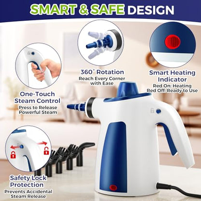 Handheld Steam Cleaner, 230°F Pressurized Steamer with No Water Spitting & Continuous Steam, 350ML Chemical-Free Deep Cleaning for Grease & Grime, 12 Accessories for Grout, Bathroom, Kitchen & Car