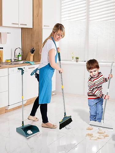 4Pcs Broom and Dustpan Set with Floor Squeegee Rectangular Brush Retractable Upright Broom Dustpan Squeegee Rectangular Brush Combo Set with Long Stainless Steel Handle for Living Room Kitchen Office