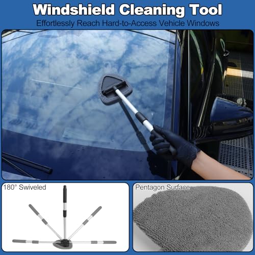 Windshield Cleaner Tool, 14Pcs Car Cleaning Kit - Car Interior Detailing Kit with Extendable Handle, Cleaning Gel & Microfiber Pads, All-in-One Inside Car Cleaning Supplies for Women Men