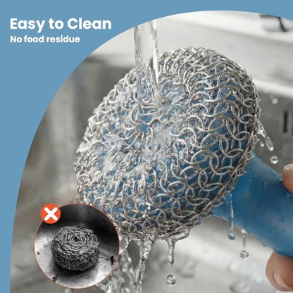 Cast Iron Scrubber with Long Handle | 316 Cast Iron Cleaner Chainmail Scrubber for Pan Skillet Cleaner - Dish Scouring Pad Dishwasher Safe Cleaning Kit (Blue, 1 Scrubber + 1 Scraper) - color: Blue, 1 Scrubber + 1 Scraper