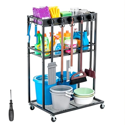 Easy-Assembly Broom Holder Cart for Laundry | Sturdy & Multifunctional Storage Cart, 22" Wide, 300-lb Capacity, Lock-brake Wheels, Holds Vacuum & Steam Mop
